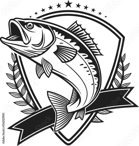 Retro engraved bass fish badge design with vintage nautical and fishing club aesthetic perfect for apparel and branding