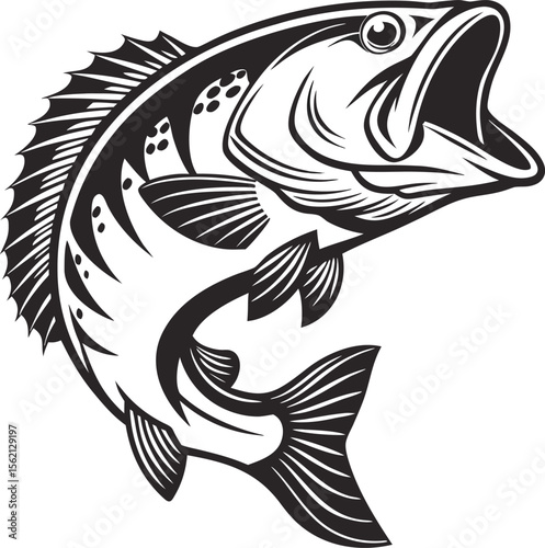 Bold vintage engraving style illustration of a bass fish featuring intricate linework and a classic black and white aesthetic suitable for diverse design applications