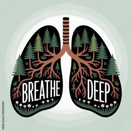 Lungs Filled with Trees Breathe Deep Inspirational Graphic graphic design human lung trees and roots inside encouraging deep breathing and appreciating nature lungs trees roots