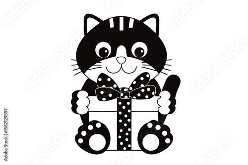 Charming cartoon kitten holds a delightful gift box adorned with a polka dot bow ribbon