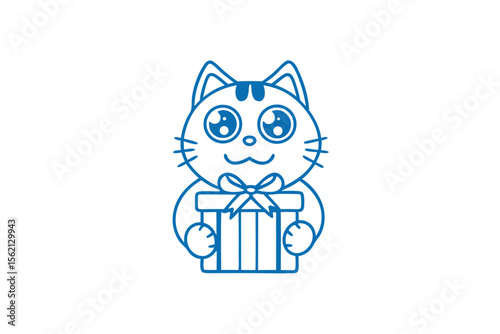 Cartoon cat outline cheerfully holds a blue gift box on a white background
