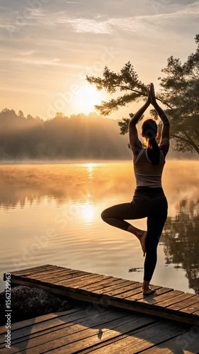 Serene Morning Yoga Session by a Calm Lake at Sunrise