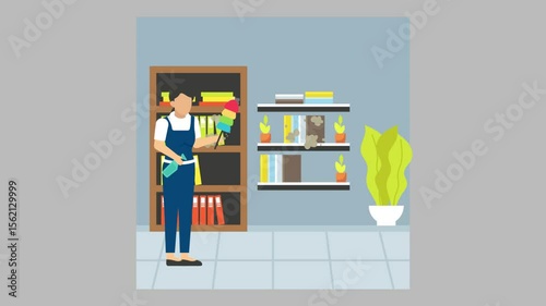 Maid holding Telescopic Duster doing chore animation, Professional Office Cleaning Services animated video,Maintaining Cleanliness Clip,Office caretaker footage, maintenance equipment motion graphics