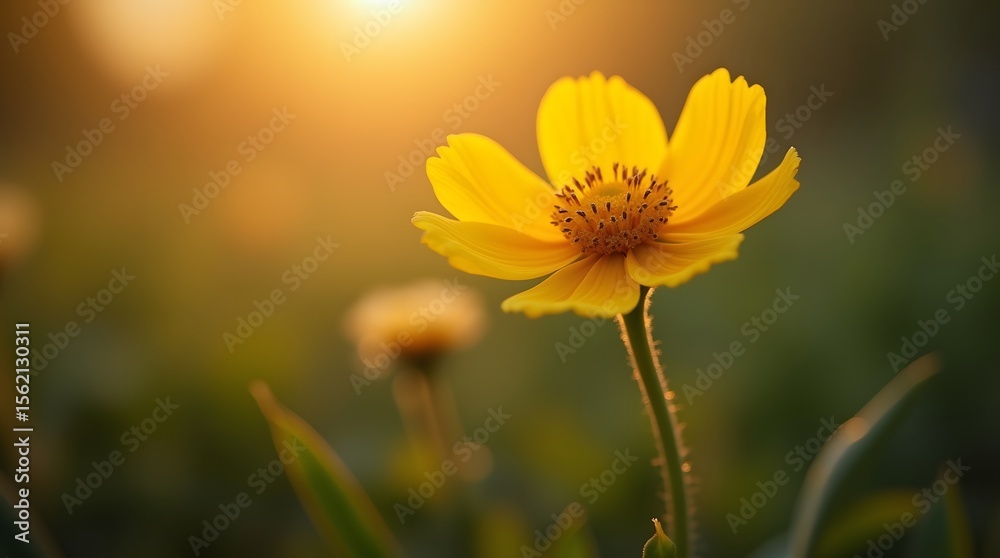 Obraz premium A single yellow wildflower basking in the warm, golden light of a beautiful sunrise or sunset. A serene and peaceful nature scene.
