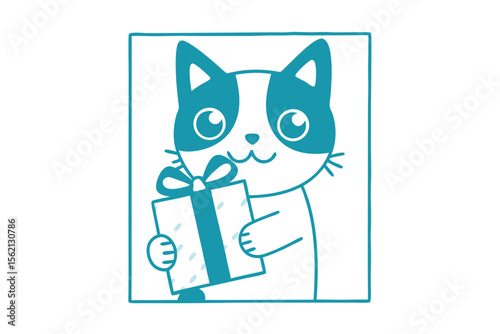 Cute blue cat holding a gift box with a ribbon, framed in blue, smiles