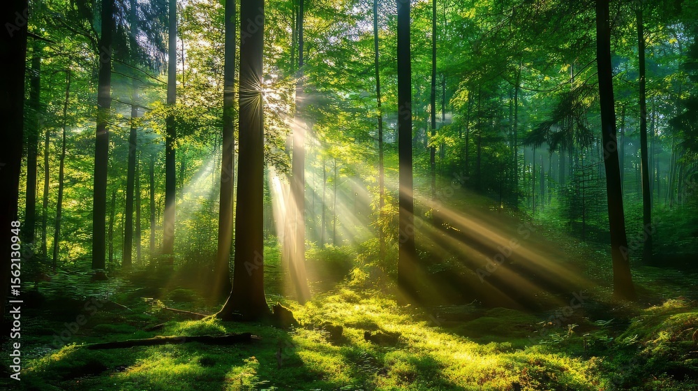 Obraz premium Sunlight shining through green leaves in the forest