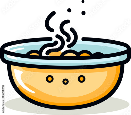 Steaming bowl of soup. Hot meal served in a yellow bowl with steam.