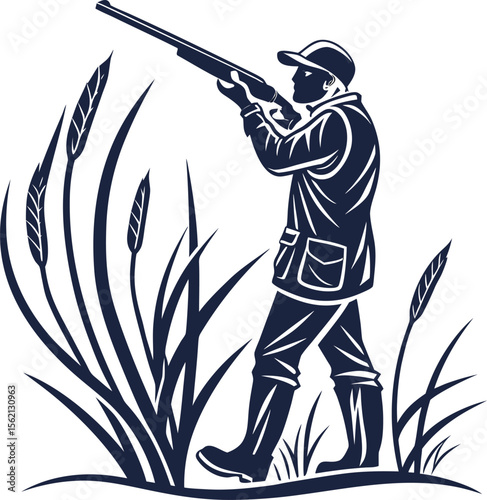 Skilled duck hunter stands in a marshy wetland aiming a shotgun ready for waterfowl season capturing the essence of outdoor sport and nature
