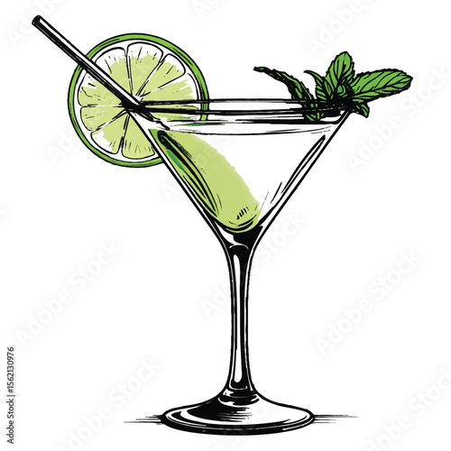 Vector art of closeup of a martini cocktail with lime and mint, isolated on white background