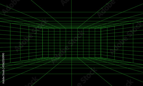 Empty futuristic 3D wireframe green room. Vector perspective grid. Cyberspace background. Box with digital space in virtual reality.