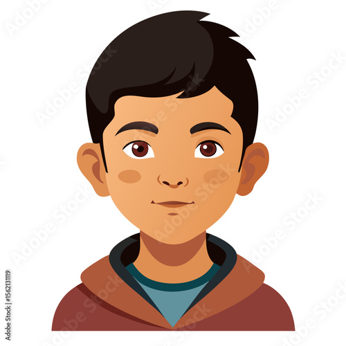 Latino boy, neutral expression, calm child, boy portrait, Hispanic child, cartoon boy, boy face, child character, white background, flat design, boy avatar, boy clipart, child vector, kids illustratio