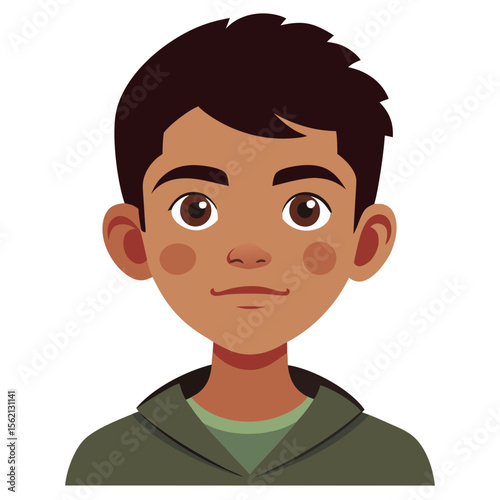 Latino boy, neutral expression, calm child, boy portrait, Hispanic child, cartoon boy, boy face, child character, white background, flat design, boy avatar, boy clipart, child vector, kids illustratio