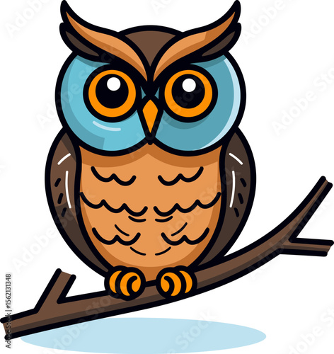 Charming Owl Perched on Branch: A Whimsical Wildlife Illustration