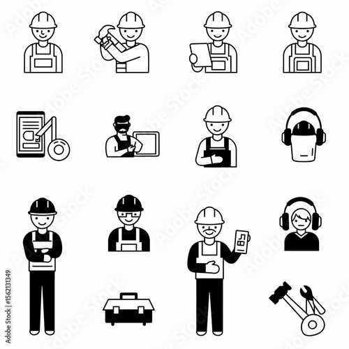 A collection of black and white line art icons depicting construction workers in various poses and with tools.