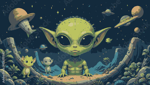 A cute green alien sits majestically in a whimsical cosmic landscape, surrounded by planets, UFOs, and smaller alien creatures, creating a vibrant and imaginative scene.