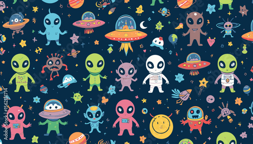Seamless pattern with cute cartoon aliens, UFOs, stars, and planets on a dark blue background, perfect for kids' textile prints, wrapping paper, and digital projects.