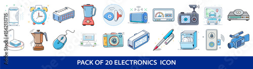 Collection of colorful vector icons representing various electronic devices and appliances