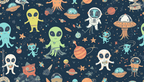 A whimsical space-themed pattern featuring cute aliens, astronauts, planets, and UFOs on a dark blue background, perfect for kids' apparel, textiles, and playful designs.