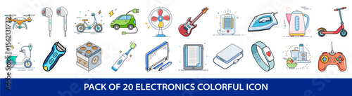 A colorful illustration of twenty different electronic devices and appliances