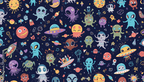 A whimsical seamless pattern featuring cute cartoon aliens, planets, stars, rockets, and UFOs on a dark blue background, perfect for kids' textile designs, wrapping paper, and digital projects.