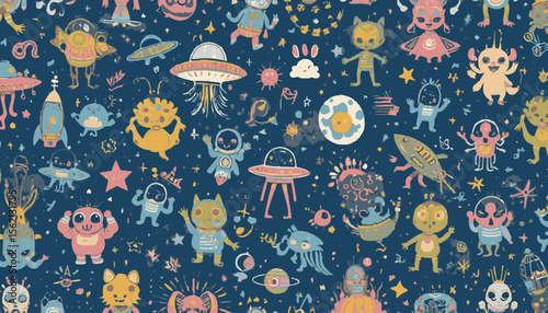 Cute cartoon aliens, rockets, planets, and UFOs on a dark blue background create a whimsical and fun seamless pattern, perfect for kids' textile designs or space-themed projects.