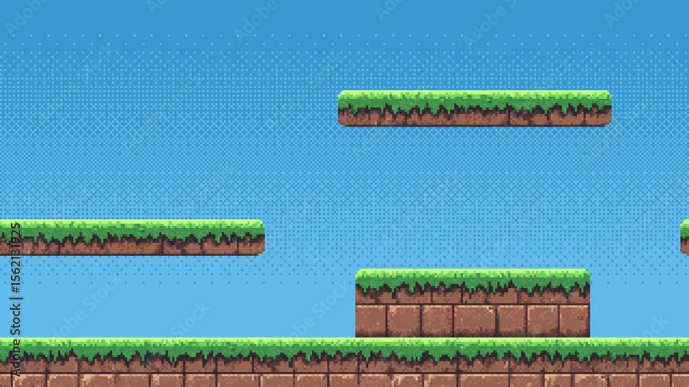Retro pixel art game level background animation with moving ground platforms on a blue sky, concept of gaming footage.