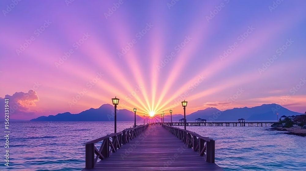Obraz premium Wooden pier at sunrise with vibrant colors.