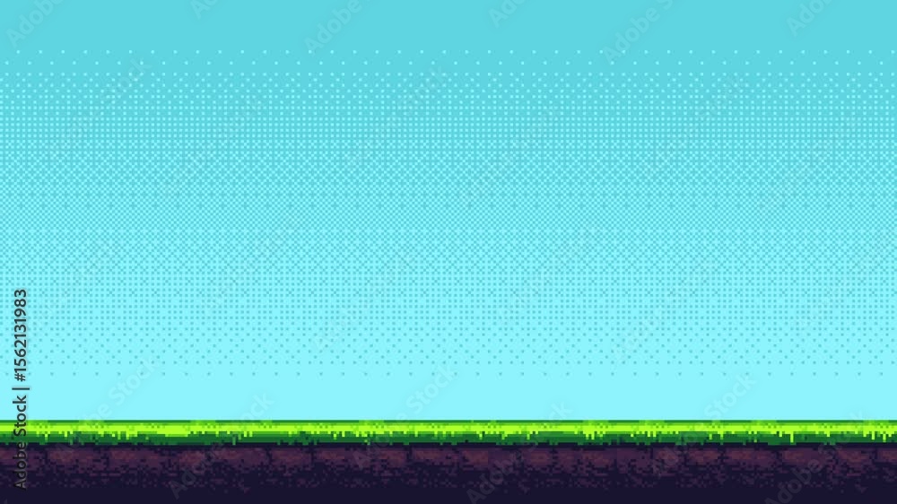 Blue pixel art game level background with moving ground and grass layers for video game animation footage.