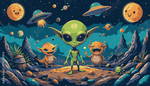 Friendly alien and cute monsters on an alien planet, surrounded by UFOs and planets in a vibrant, cartoonish illustration, perfect for kids' designs.