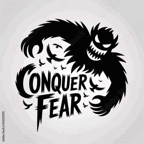 Motivational Graphic Design Conquer Fear powerful graphic design featuring menacing silhouette figure surrounded birds with the words CONQUER FEAR bold stylized font conquer fear motivational