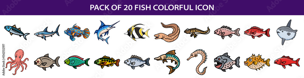 Fototapeta premium Pack of twenty colorful cartoon fish and one octopus icon illustrations