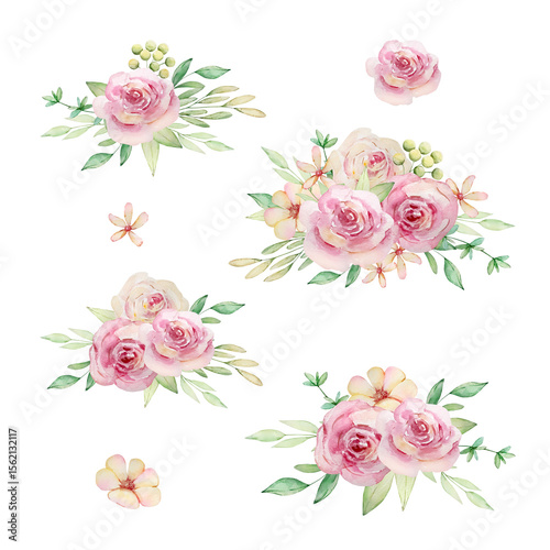 Floral Bouquet with watercolor pink flowers and green leaves