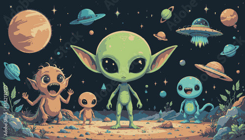 Friendly cartoon aliens explore a vibrant alien landscape, filled with planets, stars, and UFOs, creating a whimsical and imaginative scene perfect for children's books, websites, and playful designs.