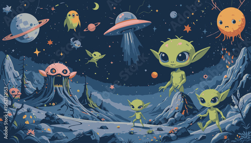 Cute alien creatures explore a vibrant, fantastical alien landscape filled with planets, stars, and UFOs, creating a whimsical and imaginative scene perfect for children's books