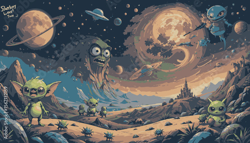 Pixel art fantasy landscape depicting whimsical creatures exploring an alien world under a swirling moon and starry sky, featuring planets, a castle, and rocky terrain.