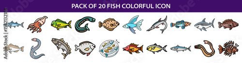 Pack of Twenty Colorful Fish Icon Designs Featuring a Wide Variety