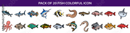 Pack of twenty colorful cartoon fish and one octopus icon illustrations