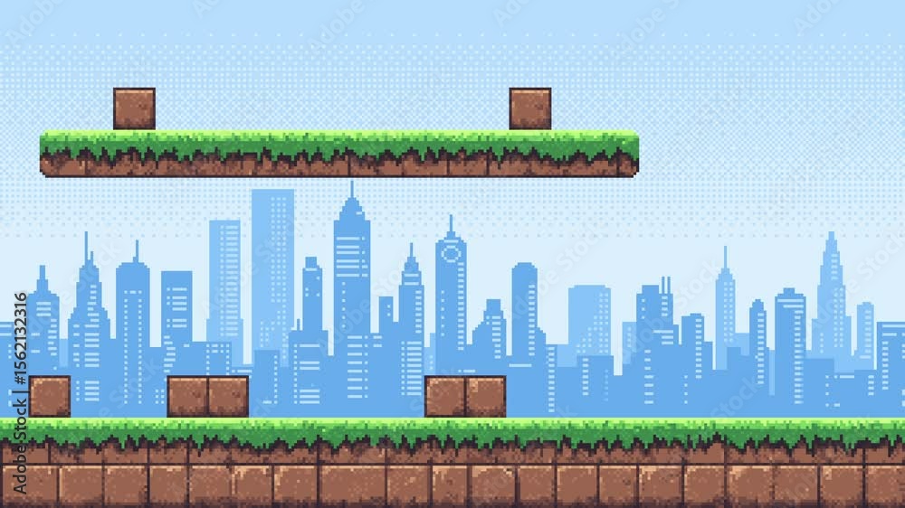 Seamless pixel art video game level with platforms, ground, and city skyline animated background footage.