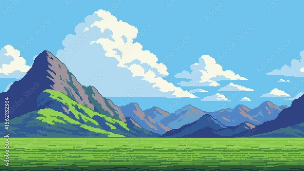 Dynamic pixel art game level background animation of moving mountain landscape with green fields and clouds footage.