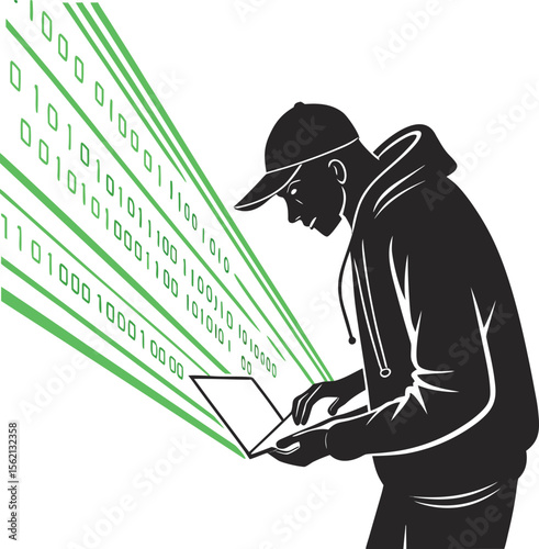 Silhouette of a hacker immersed in a digital world surrounded by cascading lines of glowing matrix code and binary data representing technology and cybersecurity