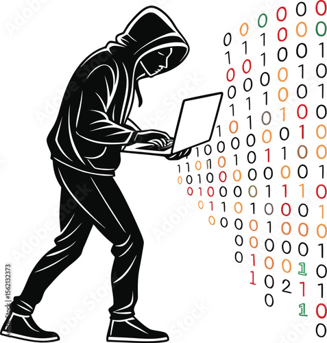 Silhouette of a hacker figure against a digital background filled with cascading lines of code representing cybersecurity and technology