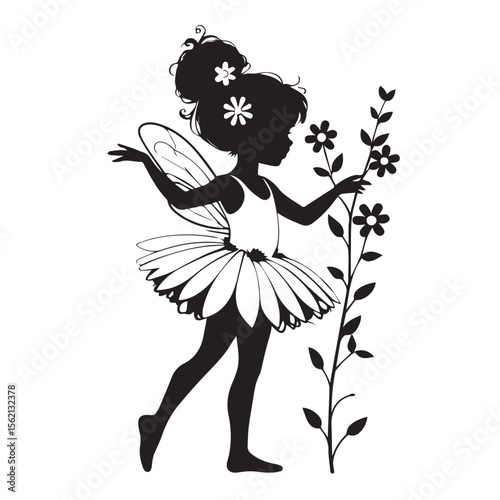 Vector art of silhouette of a cute fairy girl with wings standing near flowers, isolated on white background