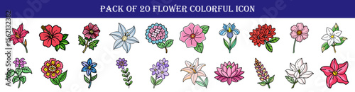 Twenty colorful flower icons line art in a playful and decorative style