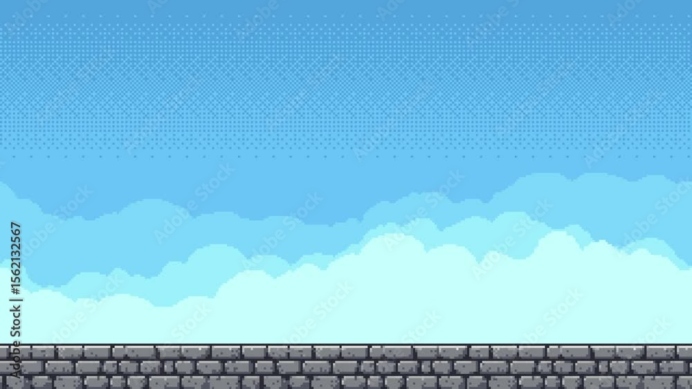 Pixel art game level background animation of a stone wall and blue sky with moving clouds, looping footage.