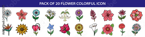 Collection of twenty different stylized and colorful flower icon designs