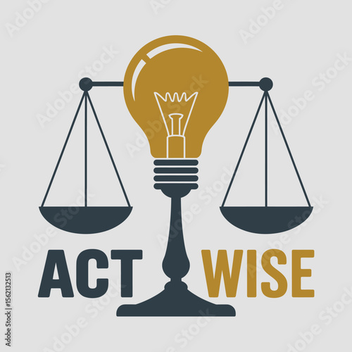 Act Wisely Combining Ideas and Justice logo design featuring lightbulb balanced scale symbolizing the importance thoughtful action justice justice balance wisdom ideas action thoughtful logo