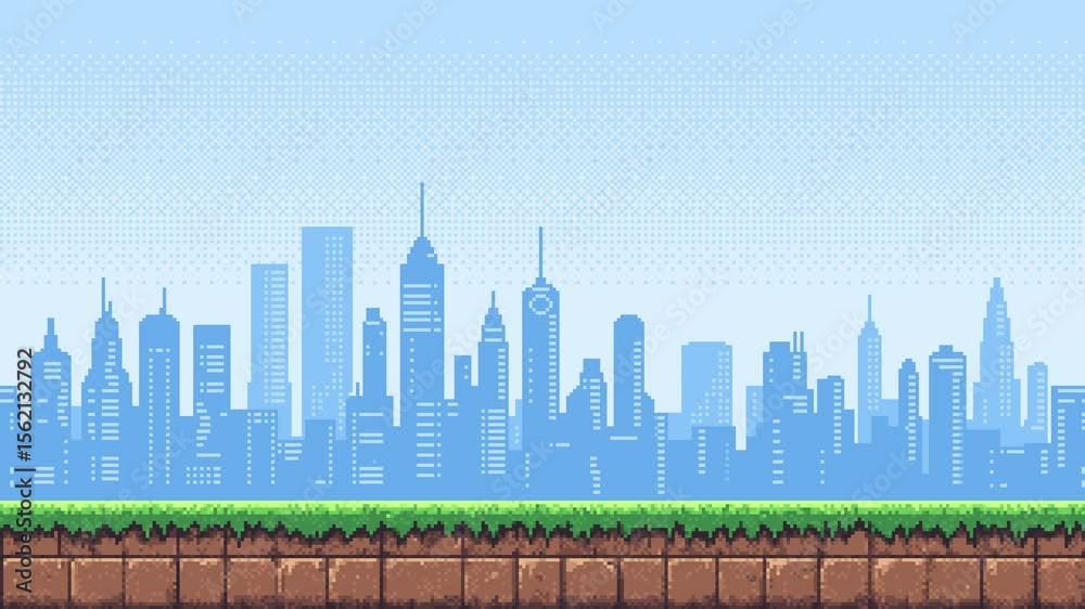 Pixel art city skyline parallax scroll with ground for retro video game level background animation