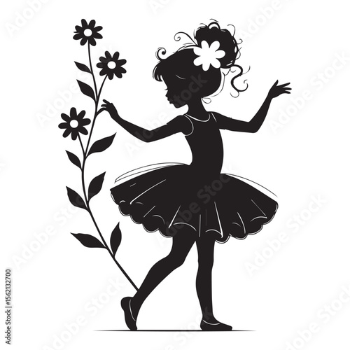 Vector art of a cute little ballerina girl in a tutu dances gracefully next to a flowering plant, isolated on white background