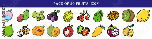 Colorful and diverse pack of twenty fruit icons in cute cartoon style