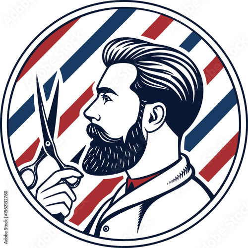Vintage illustration of a stylish hipster barber with a full beard holding classic barber scissors perfect for grooming and retro salon branding